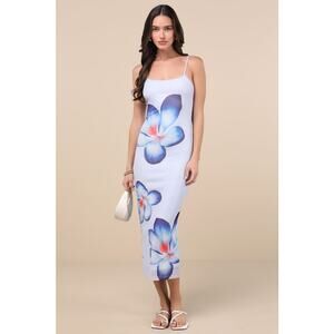 NWT Lulus Graciela Periwinkle Floral Mesh Bodycon Midi Dress Cruise Resort Sz XS